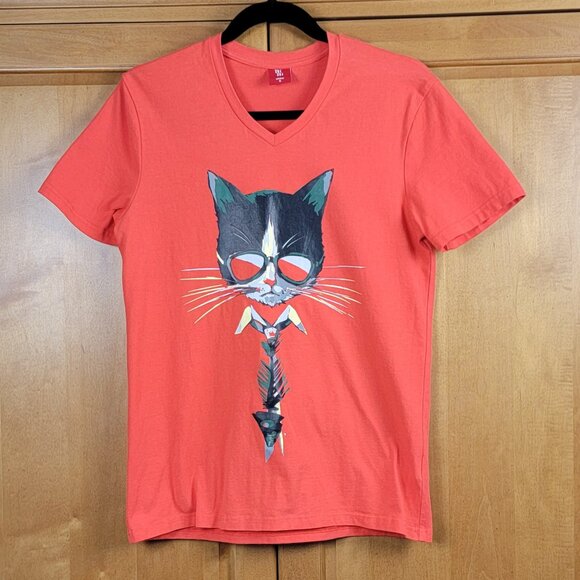 Bibisama Orange Cat With Fish Tie Short Sleeve V-Neck Stretch Cotton Tee - S - Picture 1 of 6